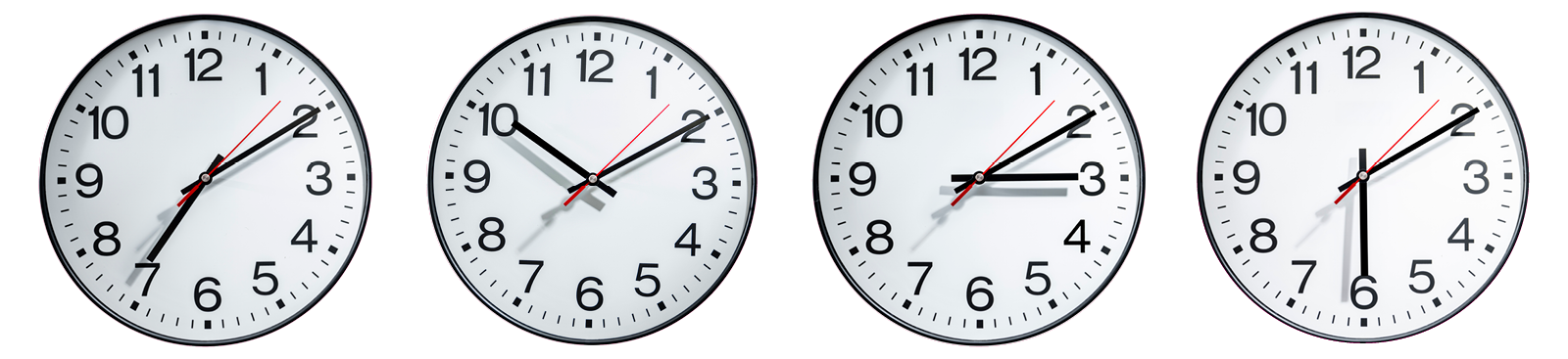 Four clocks of four different time zones